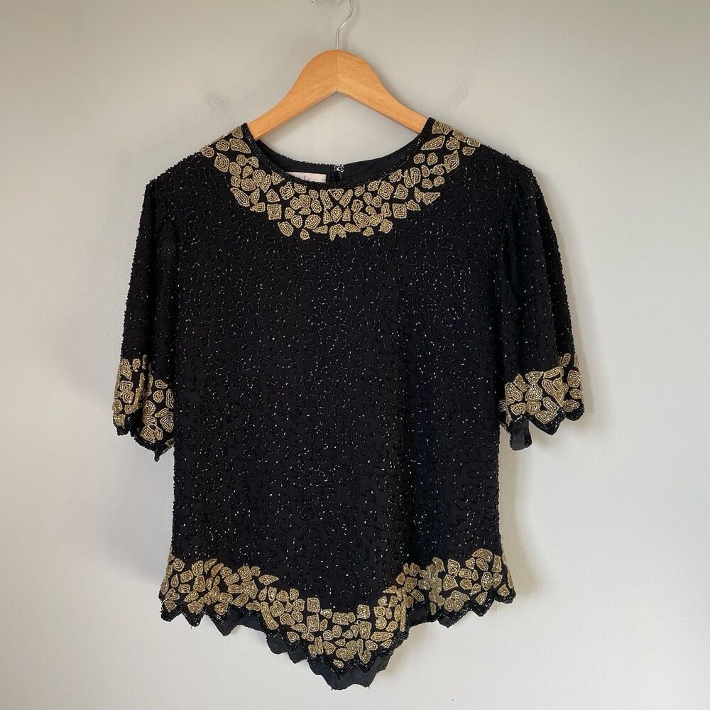 Laurence Kazar Vintage Beaded Blouse Top Short Sleeve Black Gold Size Large